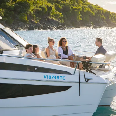 Group of people relaxing on a boat near a lush, green coastline.