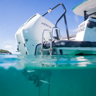 Boat stern with visible outboard motor and ladder, half-submerged in clear water.