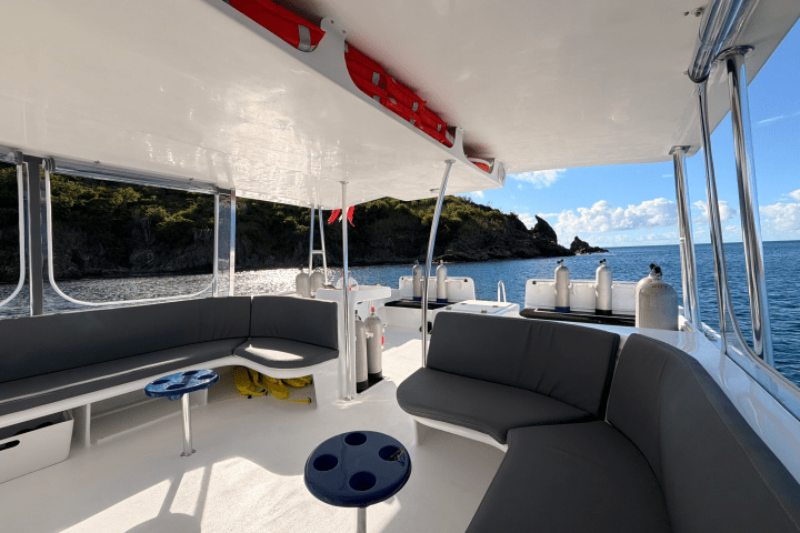 Open-air boat with gray seating and blue tables, near rocky coastline.